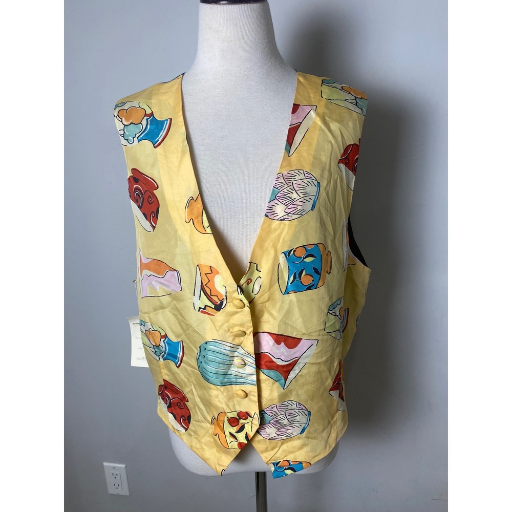 Carol Horn Workshop Vintage 90s Silk Vest Yellow Pottery Print Art To Wear L